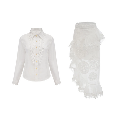 Renee White Semi-Sheer Shirt & Skirt Matching Set