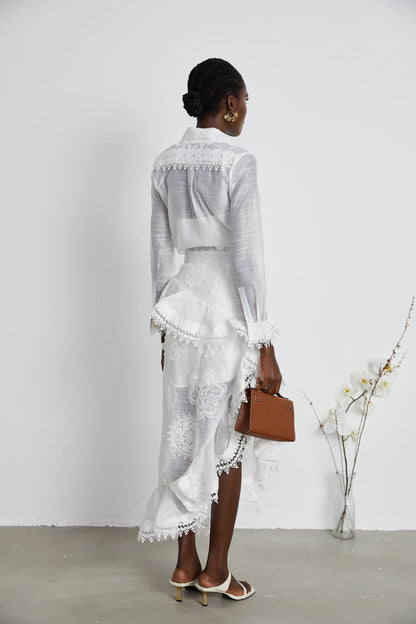 Renee White Semi-Sheer Shirt & Skirt Matching Set