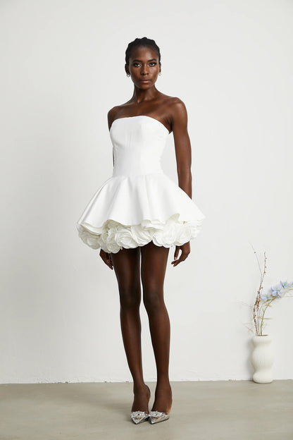 Lucie White Petal-Layered Strapless Corset Mini Dress