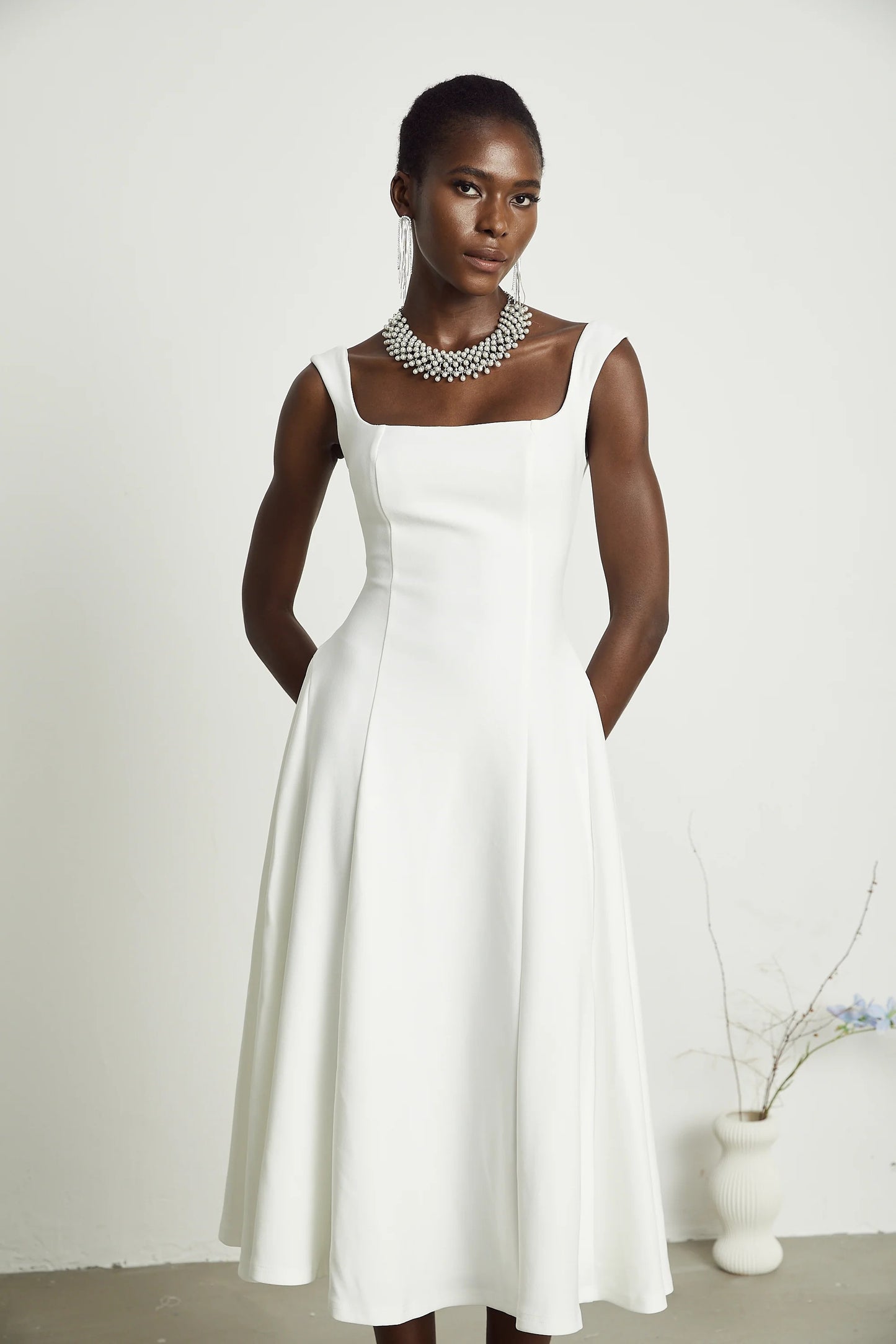 Thala White Pleated Flared Midi Dress