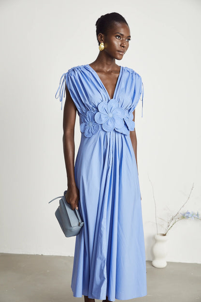 Emma Petal-Detail Drawstring Maxi Dress in Blue