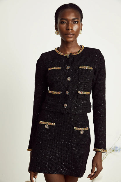 Ariane Black Sequined Tweed Jacket & Skirt Matching Set