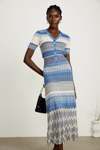Daniela Blue Zigzag-Design Knit Top & Skirt Matching Set