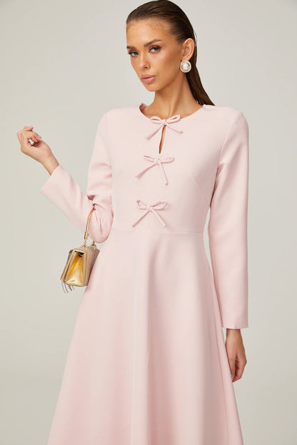 Elise pink bow-detail split-neck midi dress