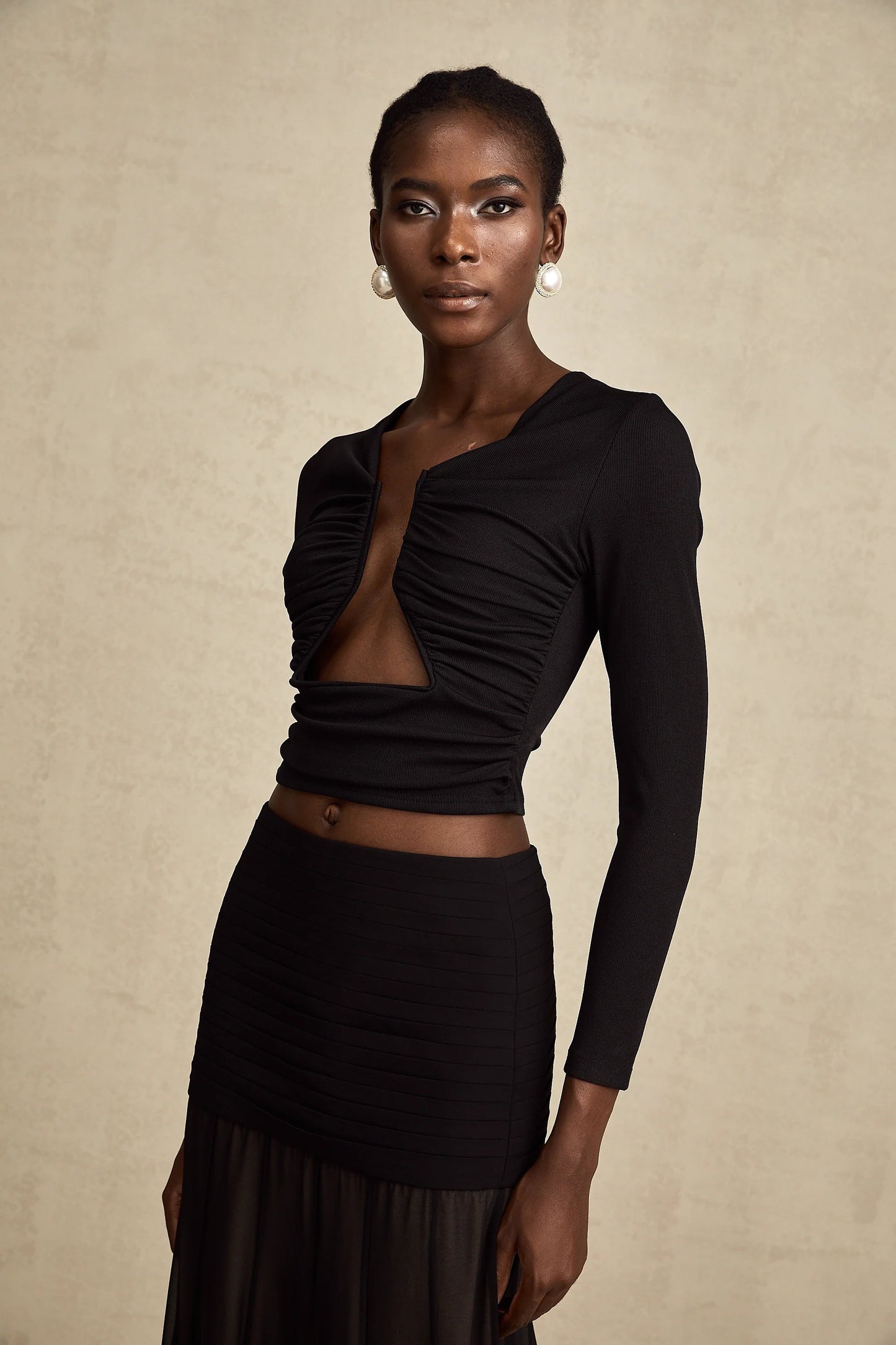 Anais Black Open-Front Gathered Top