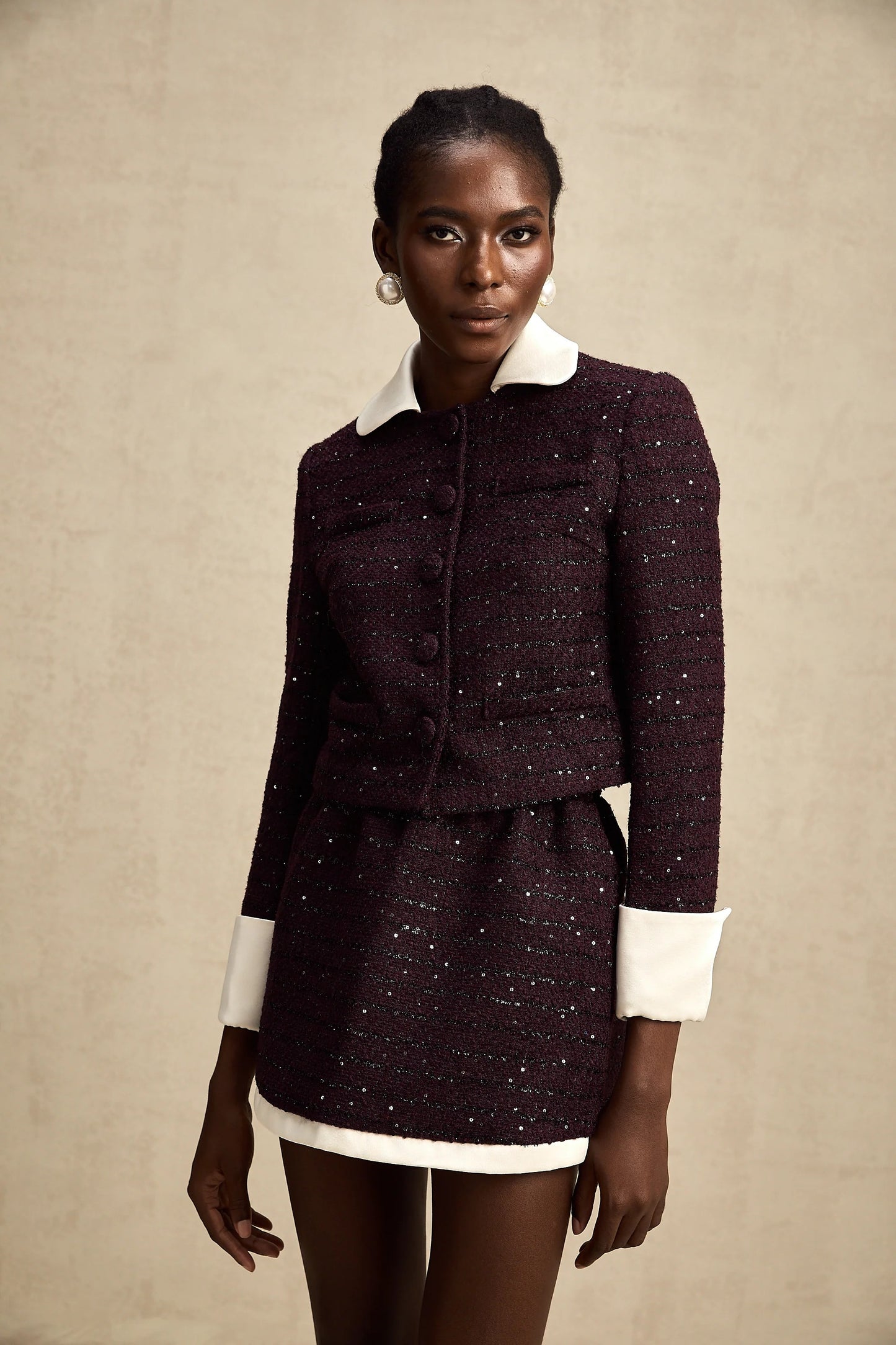 Brigitte Purple Sequined Tweed Jacket & Skirt Matching Set