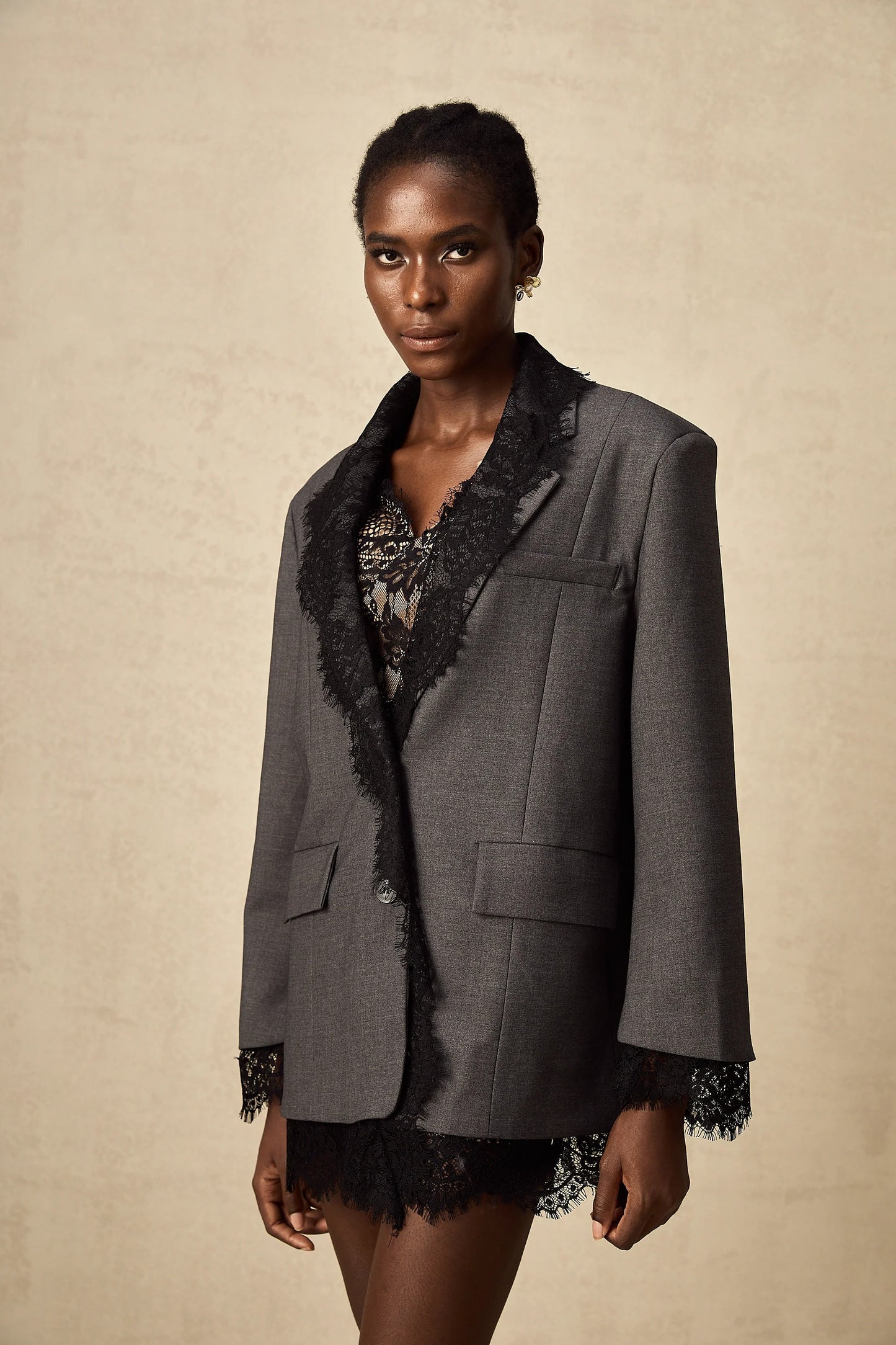 Dianthe Grey Lace-Panel Blazer