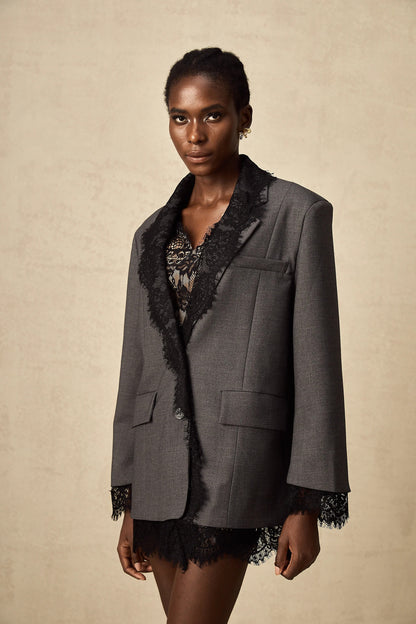 Dianthe Grey Lace-Panel Blazer