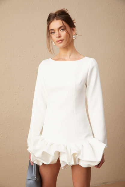 Elodie Bubble-Skirt Mini Dress in White