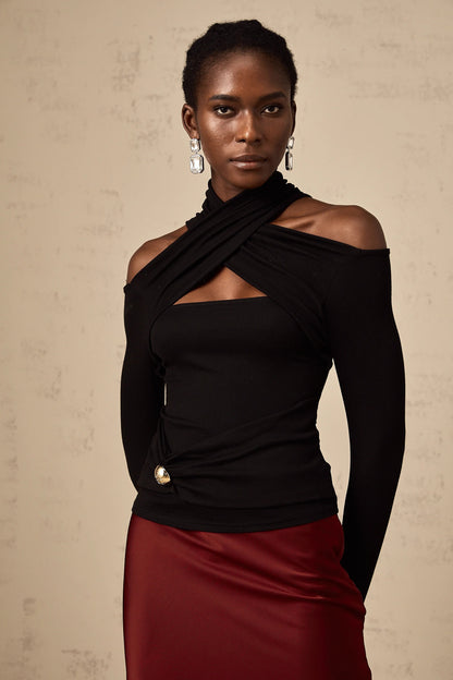 Odette Black Ruched Stretch-Jersey Top