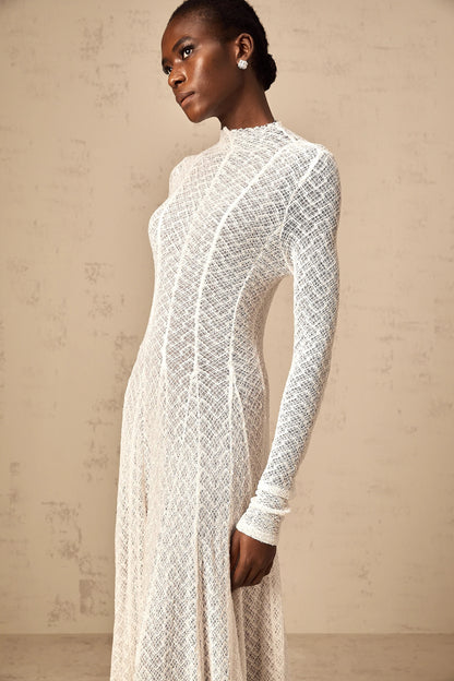 Athena Wavy-Pattern Lace Maxi Dress in White