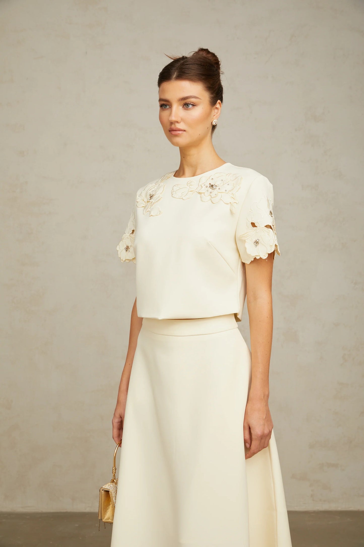 Coralie neutrals 3D-petal top & skirt matching set