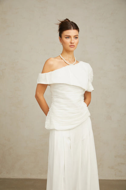 Adèle creased top & trousers matching set in White