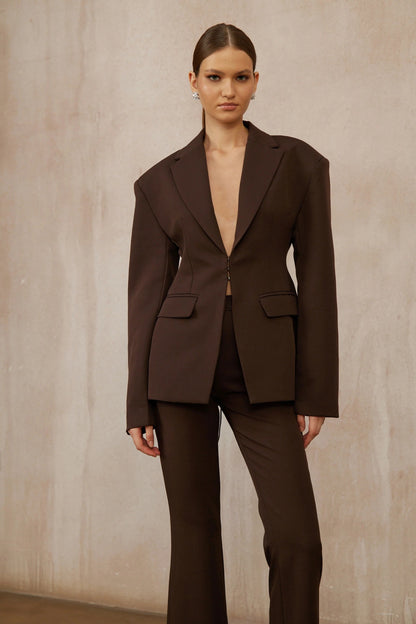 Prunille Brown Lace-Up Blazer & Trousers Set