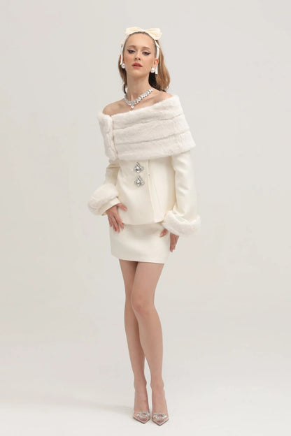 Caitlin White Faux-Fur Jacket & Skirt Matching Set