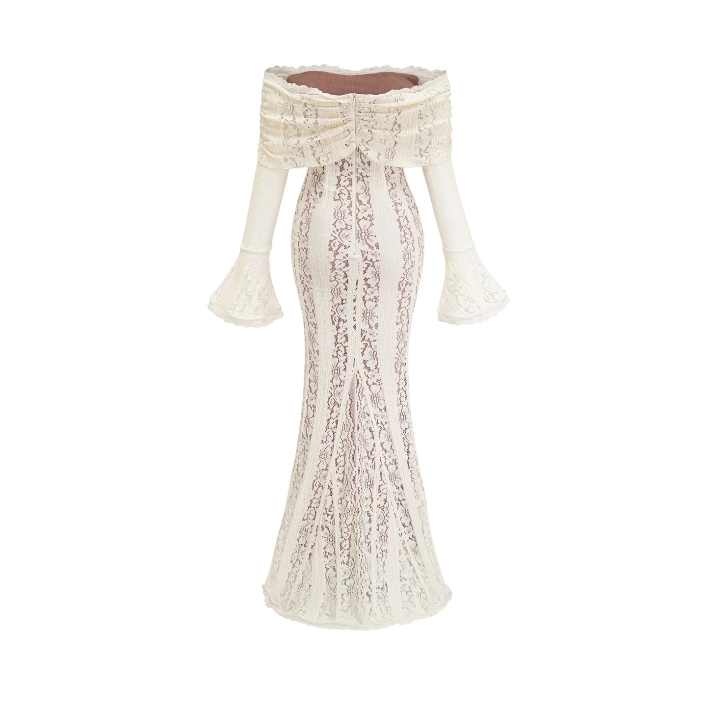 Emeline Floral Lace Flared-Cuff Maxi Dress in Neutrals