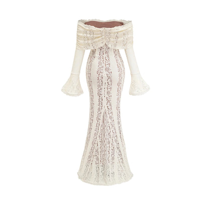 Emeline Floral Lace Flared-Cuff Maxi Dress in Neutrals