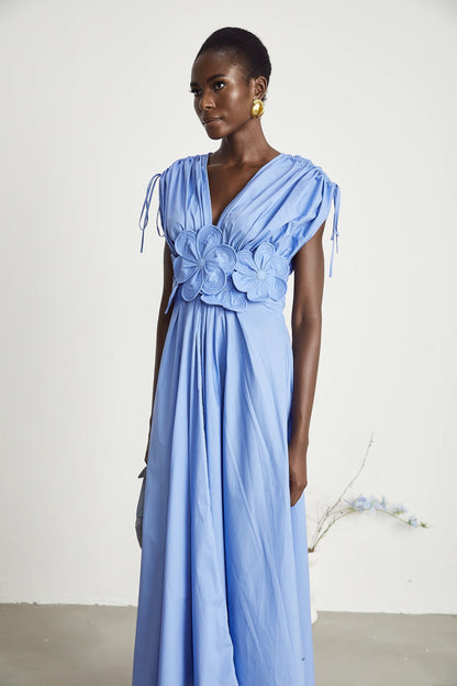 Emma Petal-Detail Drawstring Maxi Dress in Blue