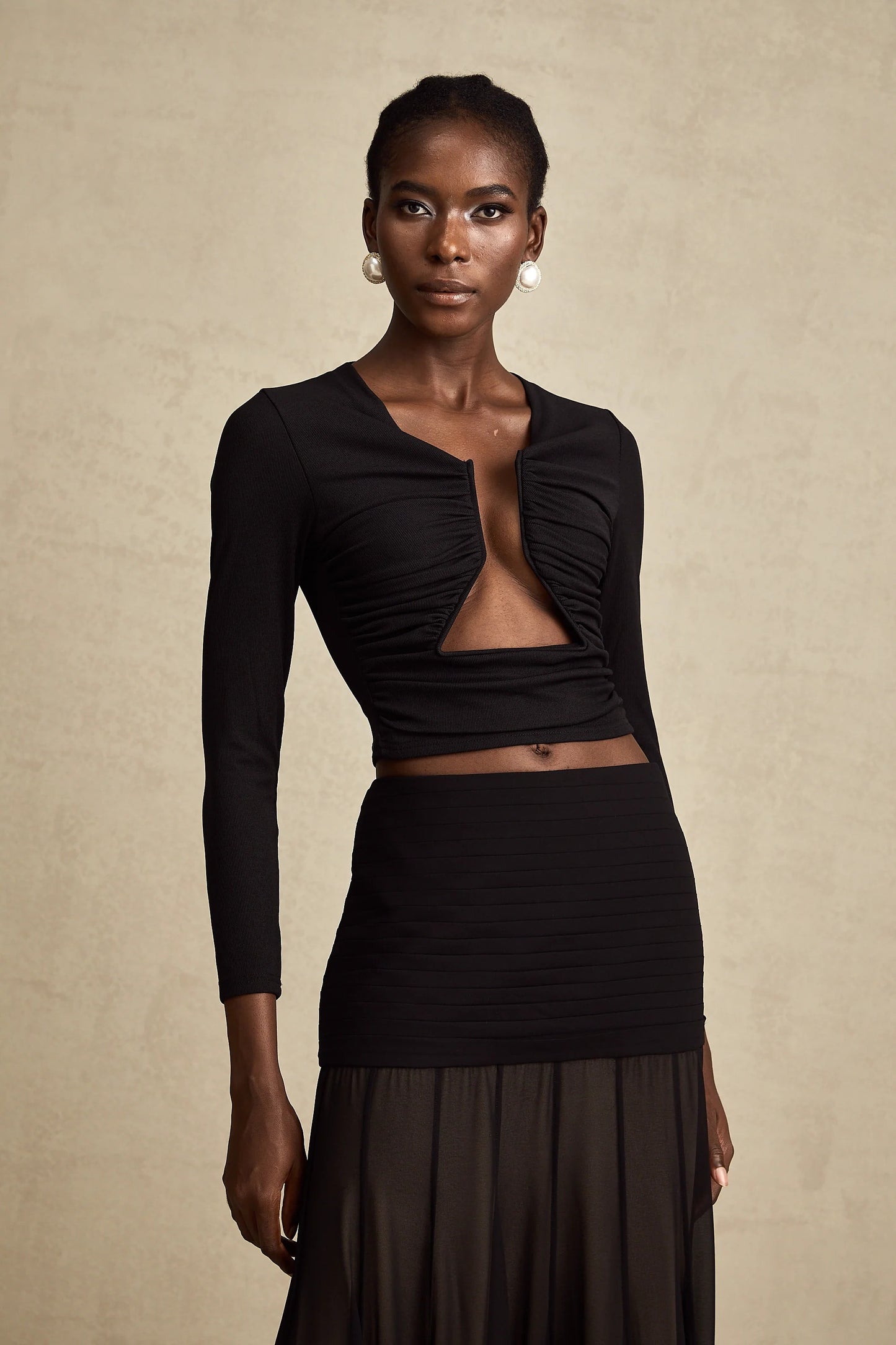 Anais Black Open-Front Gathered Top