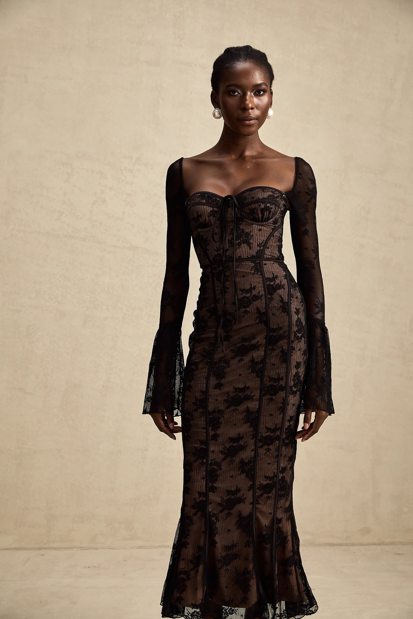 Marlene Black Flared Lace Maxi Dress