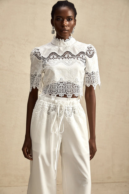 Raphaelle Lace-Trim Cut-Out Cropped Top & Trousers Matching Set
