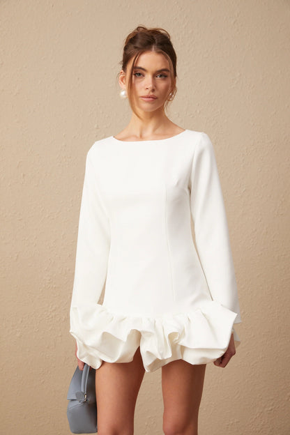 Elodie Bubble-Skirt Mini Dress in White