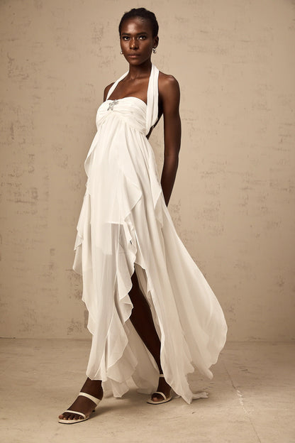 Mariah White Chiffon Ruffle Halterneck Maxi Dress