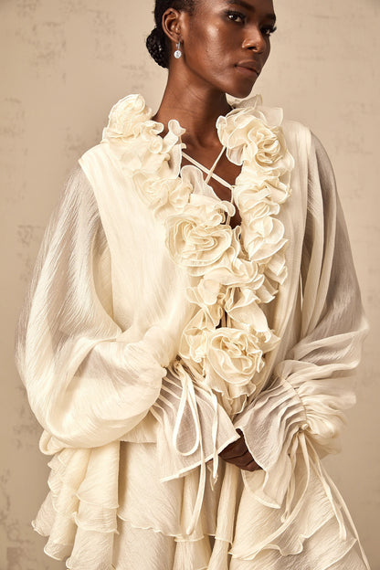 Zephyrine Floral-Applique Tiered Mini Dress in Neutrals