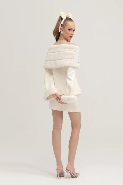 Caitlin White Faux-Fur Jacket & Skirt Matching Set