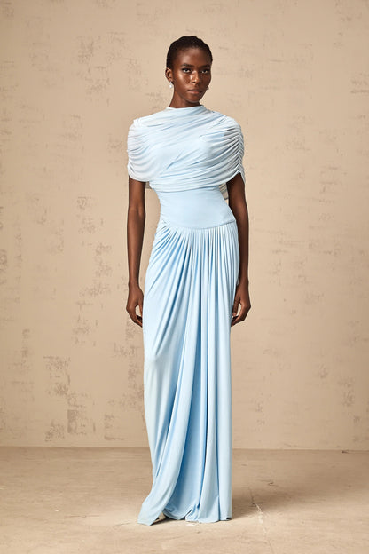 Catherine asymmetrical pleated maxi dress in Baby-blue