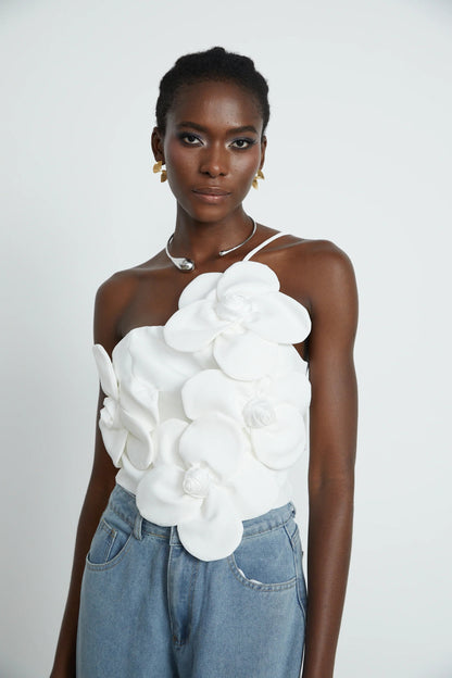 Priscille floral-appliqué halterneck top
