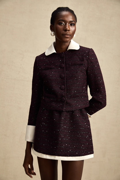 Brigitte Purple Sequined Tweed Jacket & Skirt Matching Set