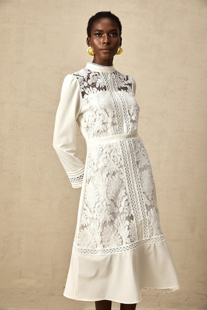 Madeleine White Panelled Embroidered Midi Dress