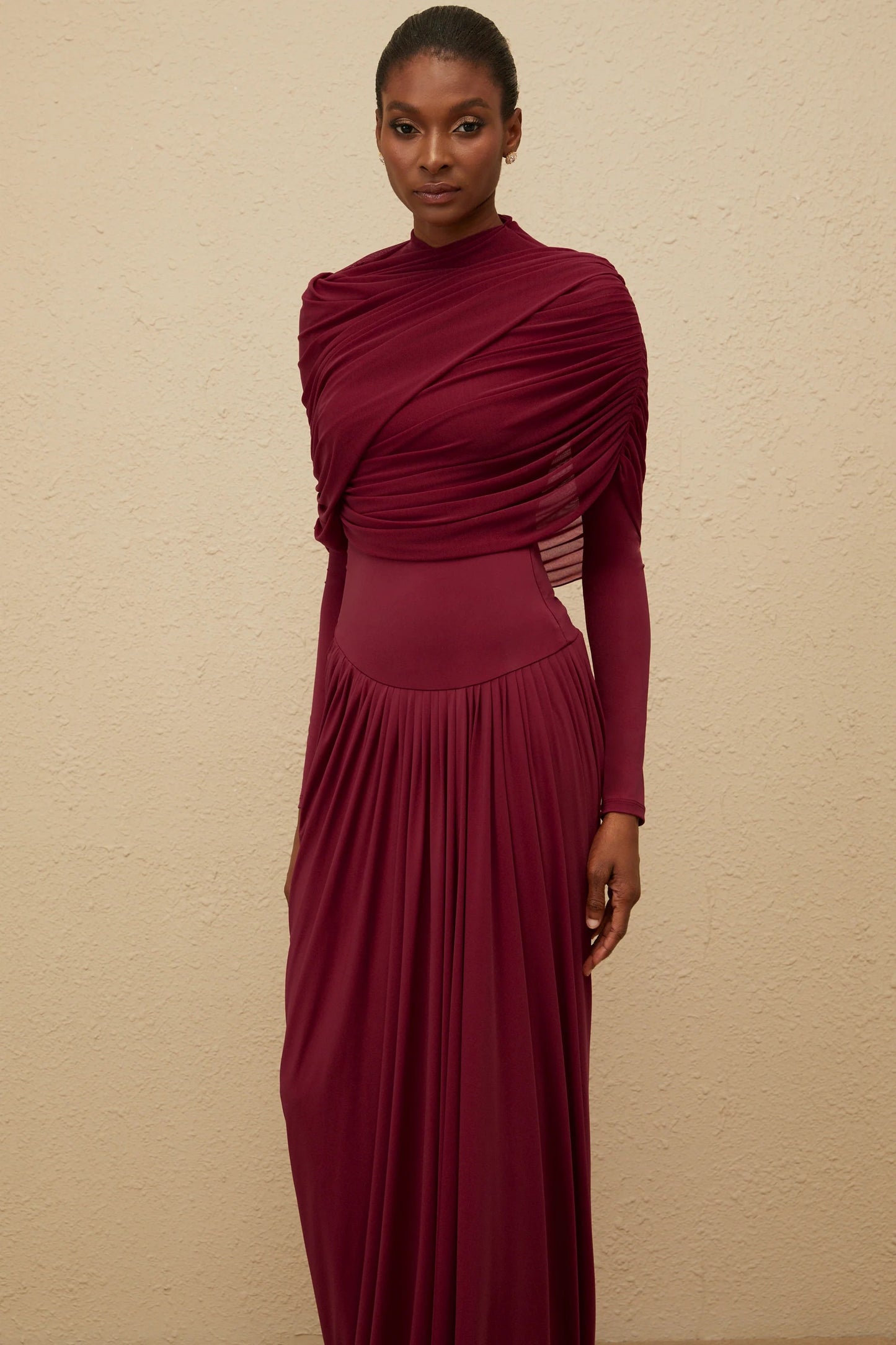 Catherine asymmetrical pleated maxi dress in Red