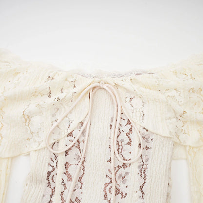 Emeline Floral Lace Flared-Cuff Maxi Dress in Neutrals