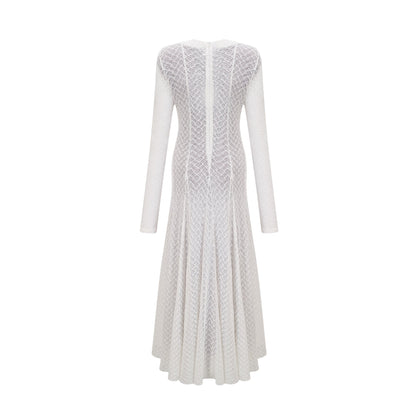 Athena Wavy-Pattern Lace Maxi Dress in White