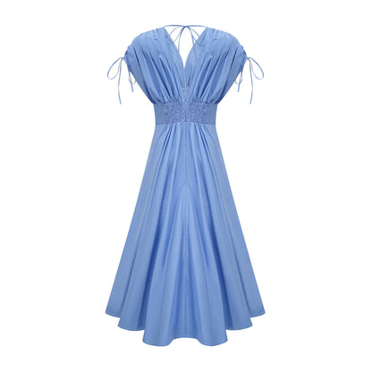 Emma Petal-Detail Drawstring Maxi Dress in Blue