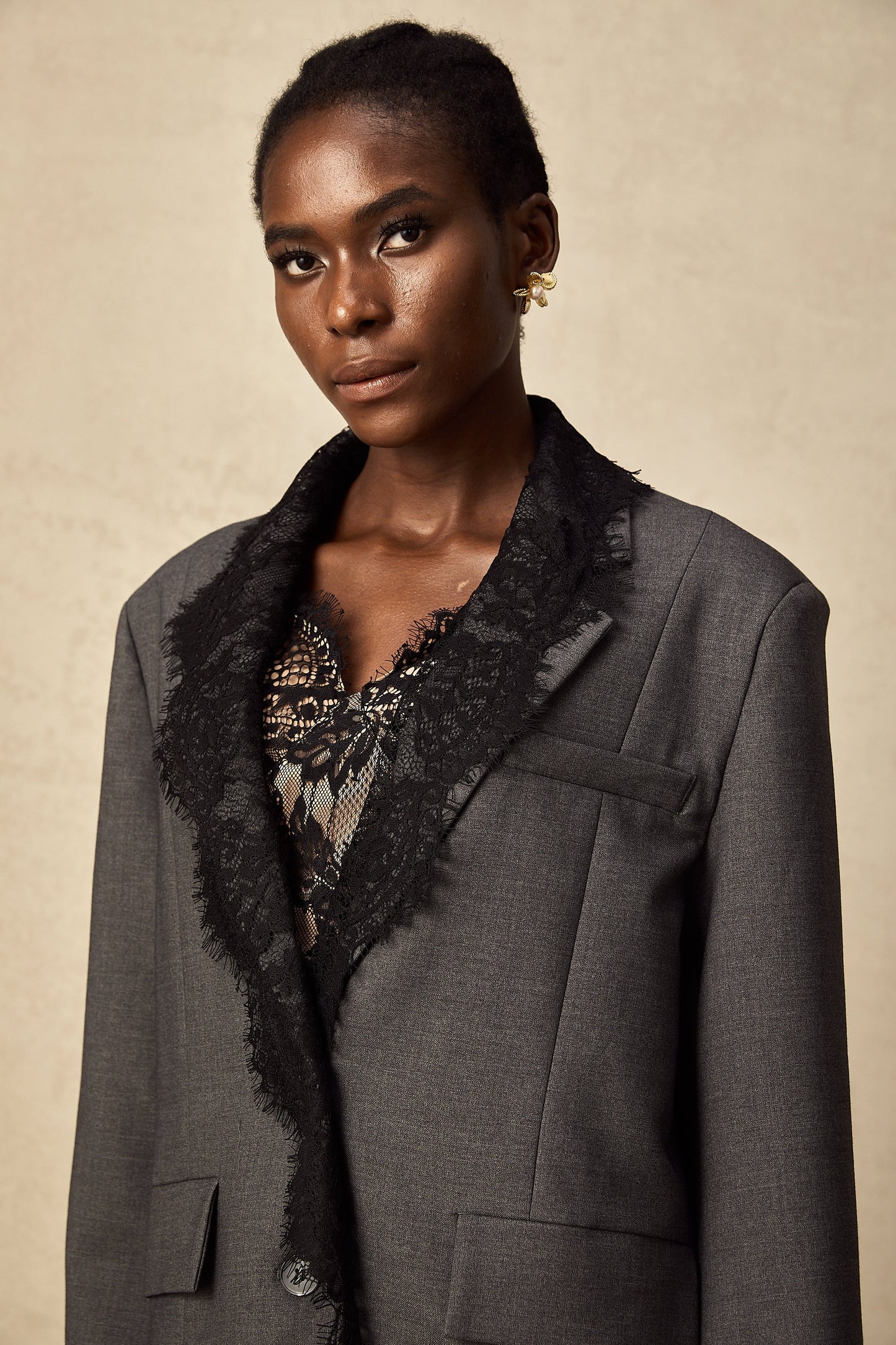 Dianthe Grey Lace-Panel Blazer