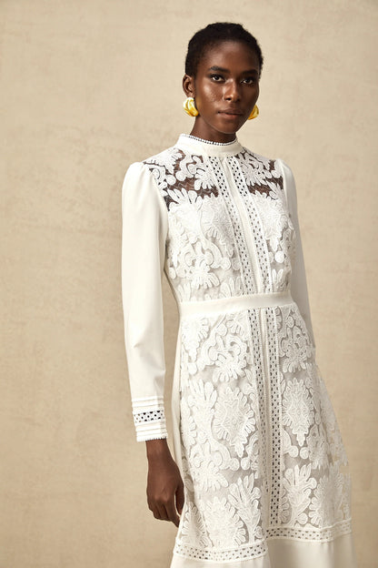 Madeleine White Panelled Embroidered Midi Dress