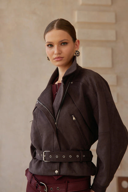 Laura Brown Belted Suede Biker Jacket