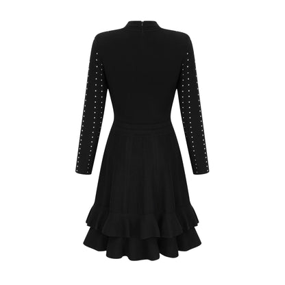 Fabienne Black Embellished Ruffled Knitted Mini Dress