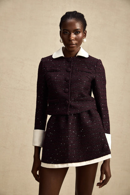 Brigitte Purple Sequined Tweed Jacket & Skirt Matching Set