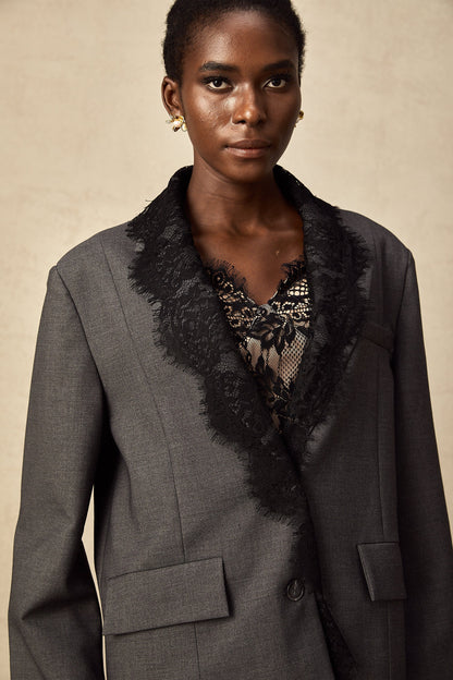 Dianthe Grey Lace-Panel Blazer