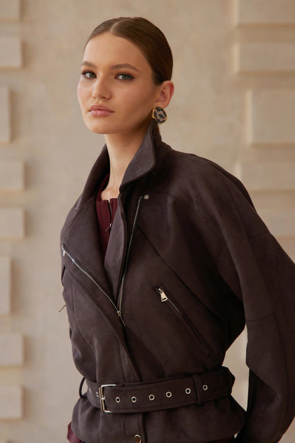 Laura Brown Belted Suede Biker Jacket