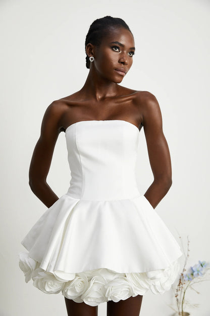 Lucie White Petal-Layered Strapless Corset Mini Dress