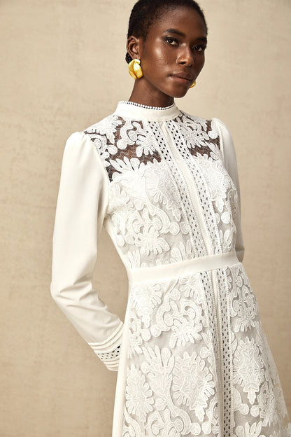 Madeleine White Panelled Embroidered Midi Dress