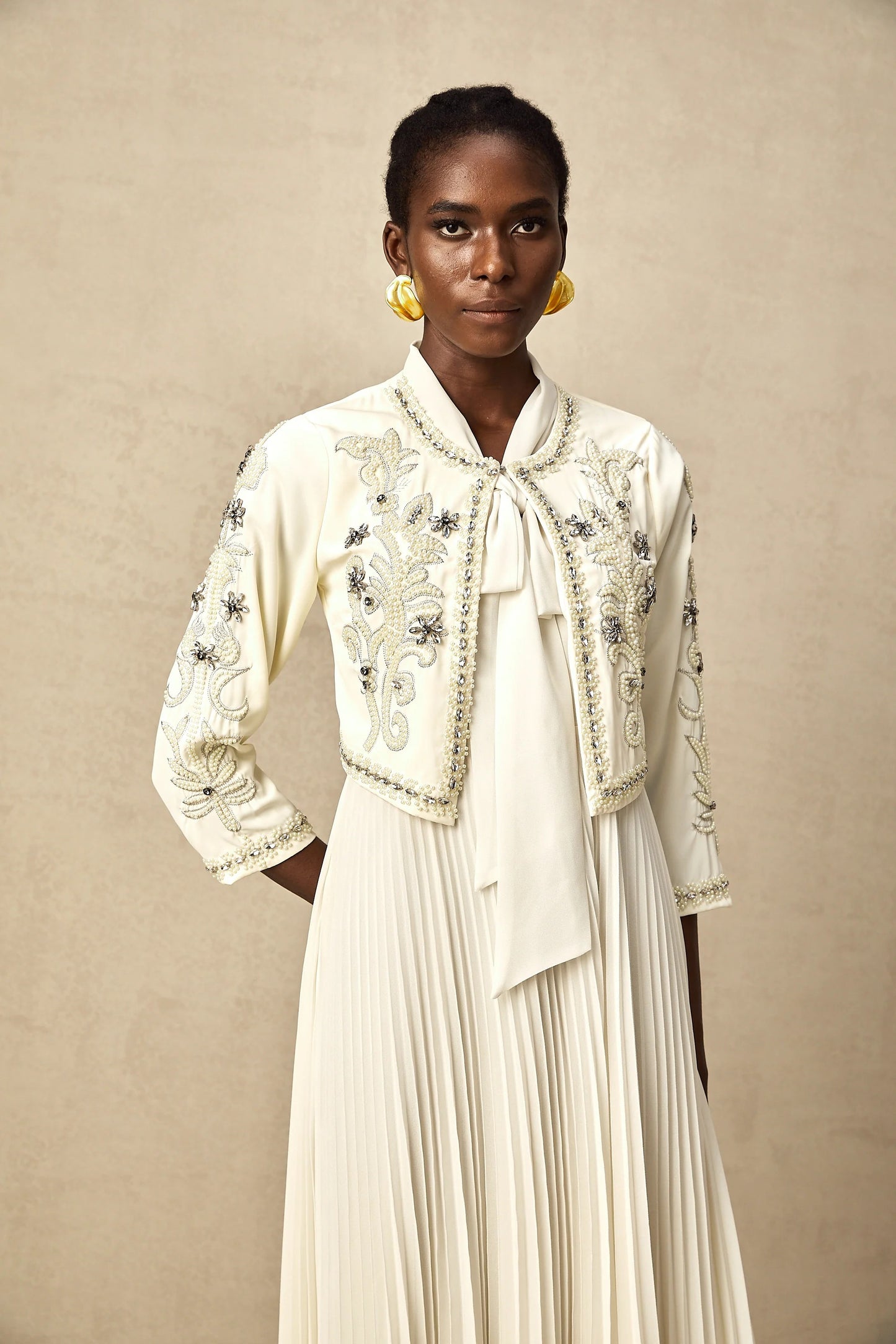 Blanche White Embellished Pleated Two-Piece Jacket and Dress Set