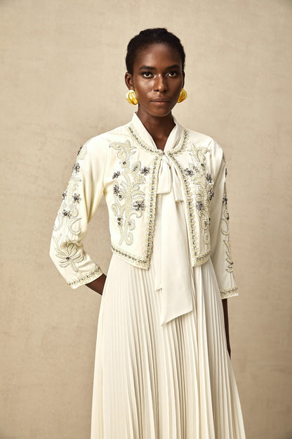 Blanche White Embellished Pleated Two-Piece Jacket and Dress Set