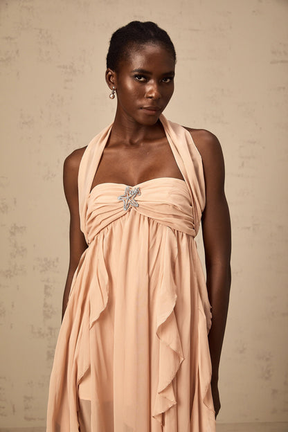 Mariah Pink Chiffon Ruffle Halterneck Maxi Dress