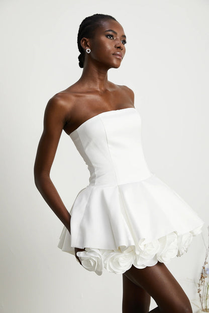 Lucie White Petal-Layered Strapless Corset Mini Dress